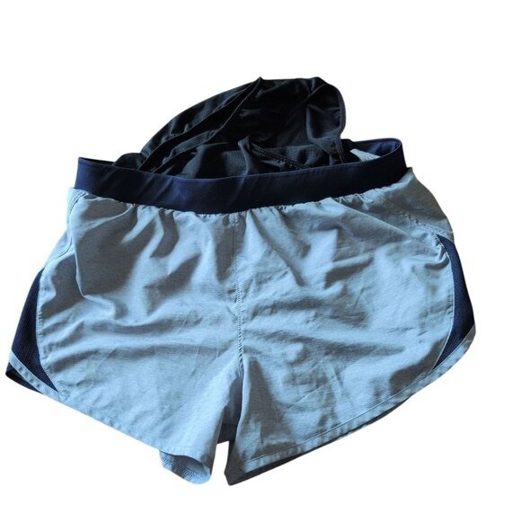 Under Armour Shorts Gray with Navy Trim Elastic Drawstring Waistline Inner Line - Picture 3 of 5